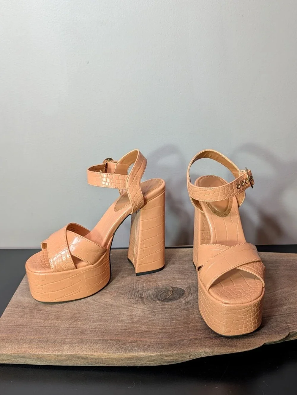 ASOS Croc-Embossed Platform Block Heel Sandals in Peach